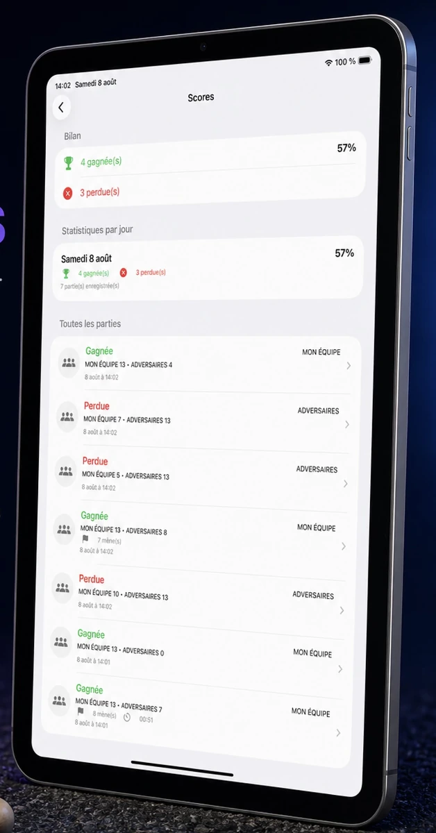 Le suivi des scores sur iPad