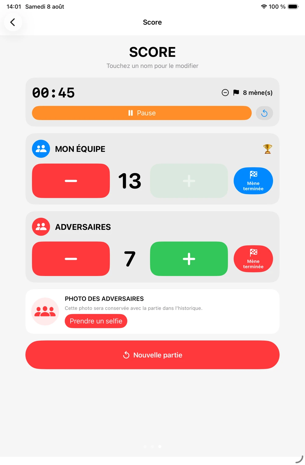 Le score d’une partie sur iPad