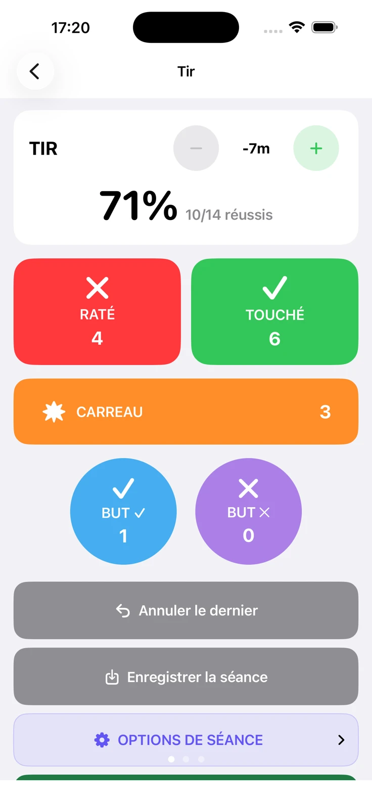 Écran de suivi des tirs de Pétanque Stats Pro